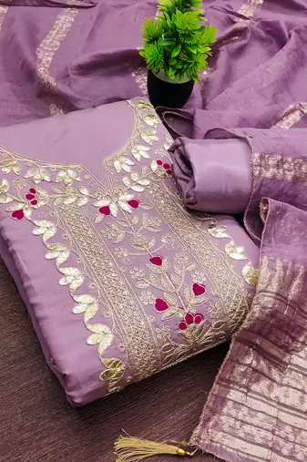 lavender silk blend embroidered unstitched dressmaterials 3 pair top bottom dupptaa