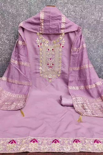 lavender silk blend embroidered unstitched dressmaterials 3 pair top bottom dupptaa