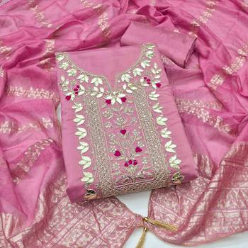 Pink silk  embroidered unstitched dressmaterials 3 pair top bottom dupptaa 1
