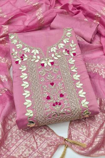 Pink silk  embroidered unstitched dressmaterials 3 pair top bottom dupptaa