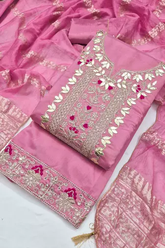 pink silk blend embroidered unstitched dressmaterials 3 pair top bottom dupptaa
