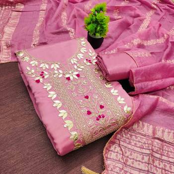 Pink silk  embroidered unstitched dressmaterials 3 pair top bottom dupptaa 3
