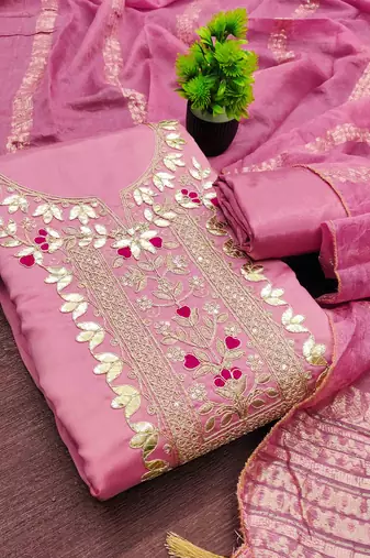 pink silk blend embroidered unstitched dressmaterials 3 pair top bottom dupptaa