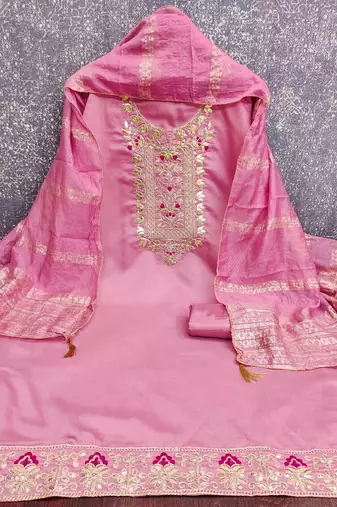 pink silk blend embroidered unstitched dressmaterials 3 pair top bottom dupptaa