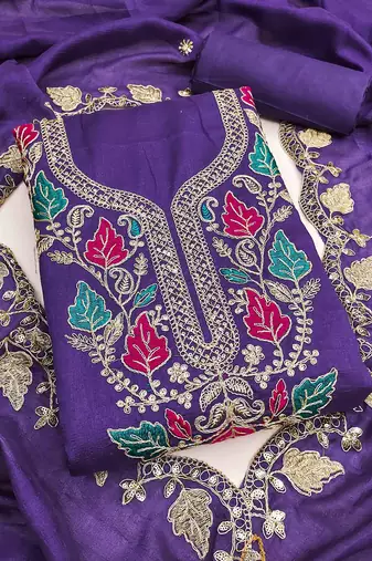 blue silk blend embroidered unstitched dressmaterials 3 pair top bottom dupptaa