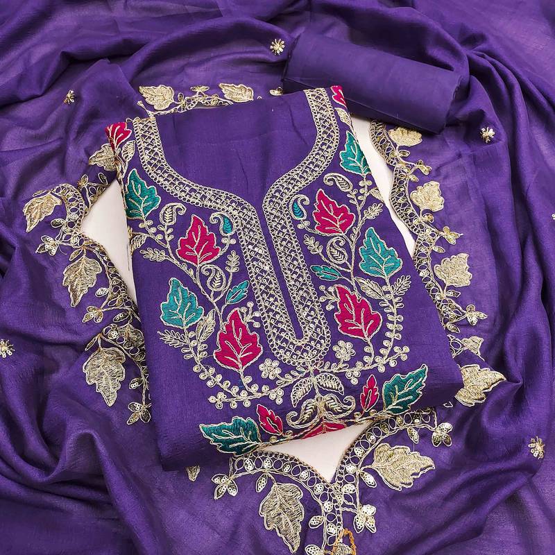 Blue silk  embroidered unstitched dressmaterials 3 pair top bottom dupptaa