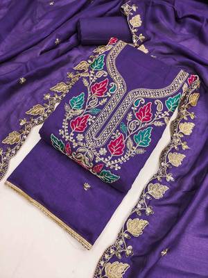 Blue silk  embroidered unstitched dressmaterials 3 pair top bottom dupptaa 2