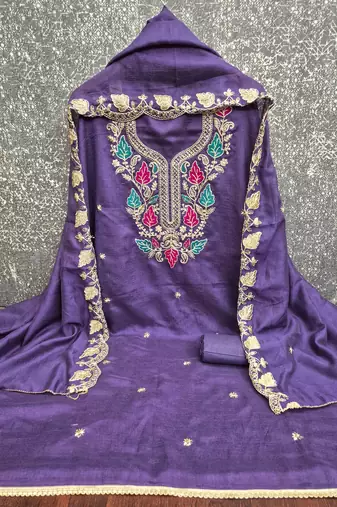 blue silk blend embroidered unstitched dressmaterials 3 pair top bottom dupptaa