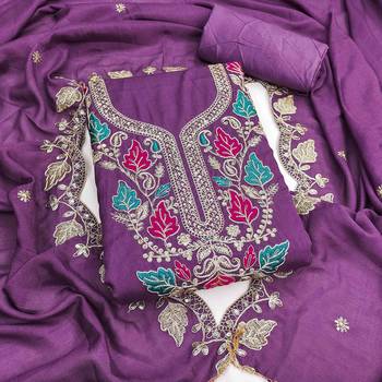 Lavender silk embroidered unstitched dressmaterials 3 pair top bottom dupptaa 1