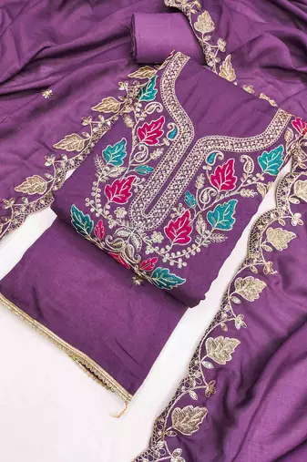 lavender silk blend embroidered unstitched dressmaterials 3 pair top bottom dupptaa