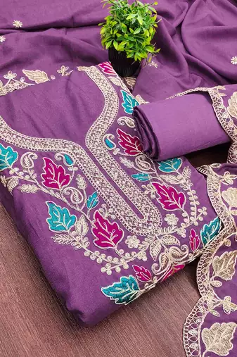 lavender silk blend embroidered unstitched dressmaterials 3 pair top bottom dupptaa
