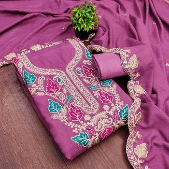 Pink silk  embroidered unstitched dressmaterials 3 pair top bottom dupptaa 1