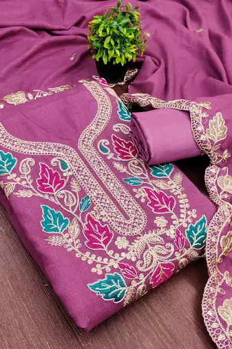 pink silk blend embroidered unstitched dressmaterials 3 pair top bottom dupptaa