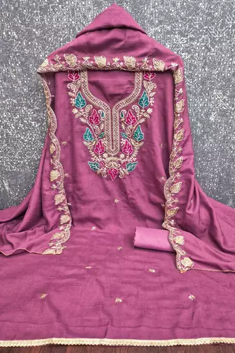 pink silk blend embroidered unstitched dressmaterials 3 pair top bottom dupptaa
