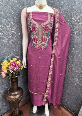 Pink silk  embroidered unstitched dressmaterials 3 pair top bottom dupptaa 3