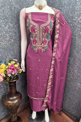 pink silk blend embroidered unstitched dressmaterials 3 pair top bottom dupptaa