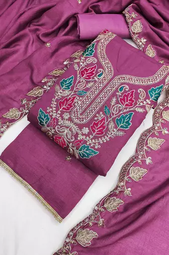 pink silk blend embroidered unstitched dressmaterials 3 pair top bottom dupptaa