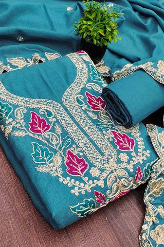 indigo silk blend embroidered unstitched dressmaterials 3 pair top bottom dupptaa