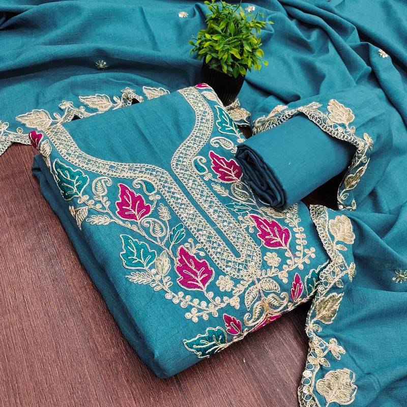 Indigo silk embroidered unstitched dressmaterials 3 pair top bottom dupptaa