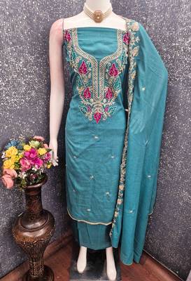 Indigo silk embroidered unstitched dressmaterials 3 pair top bottom dupptaa 3