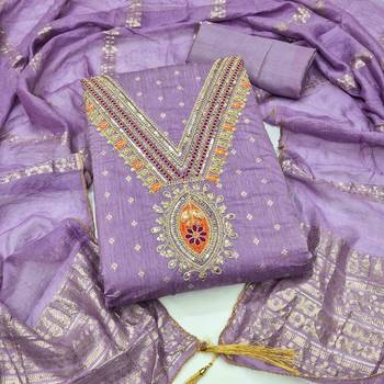 Lavender chanderi embroidered unstitched dressmaterials 3 pair top bottom dupptaa 1