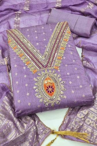 Lavender chanderi embroidered unstitched dressmaterials 3 pair top bottom dupptaa