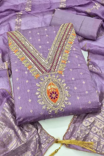 Lavender chanderi embroidered unstitched dressmaterials 3 pair top bottom dupptaa