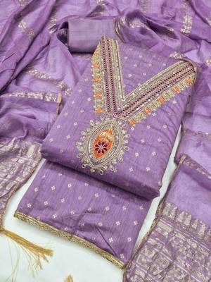 Lavender chanderi embroidered unstitched dressmaterials 3 pair top bottom dupptaa 2