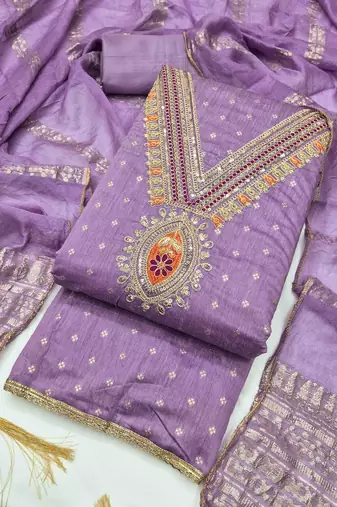 Lavender chanderi embroidered unstitched dressmaterials 3 pair top bottom dupptaa