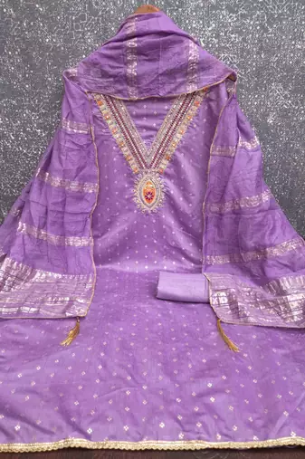 Lavender chanderi embroidered unstitched dressmaterials 3 pair top bottom dupptaa