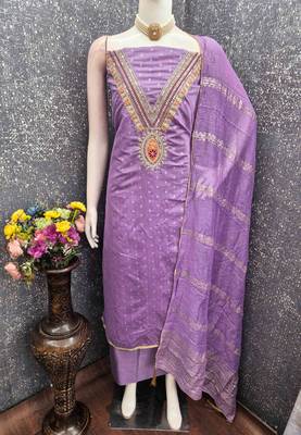 Lavender chanderi embroidered unstitched dressmaterials 3 pair top bottom dupptaa 4