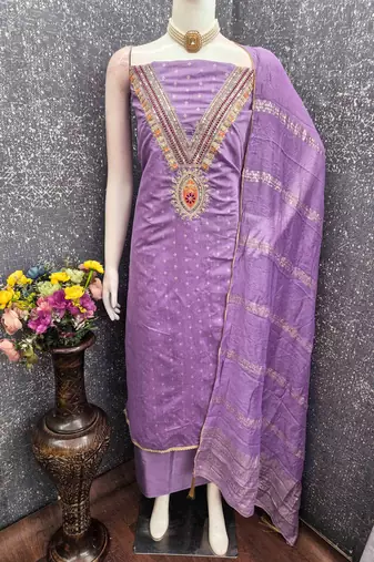 Lavender chanderi embroidered unstitched dressmaterials 3 pair top bottom dupptaa