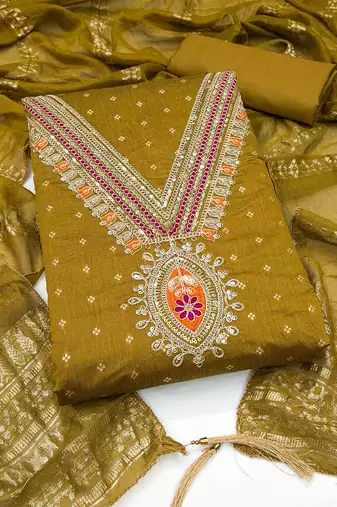 Mustard chanderi embroidered unstitched dressmaterials 3 pair top bottom dupptaa