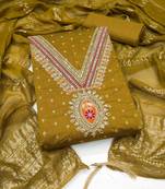 Mustard chanderi embroidered unstitched dressmaterials 3 pair top bottom dupptaa