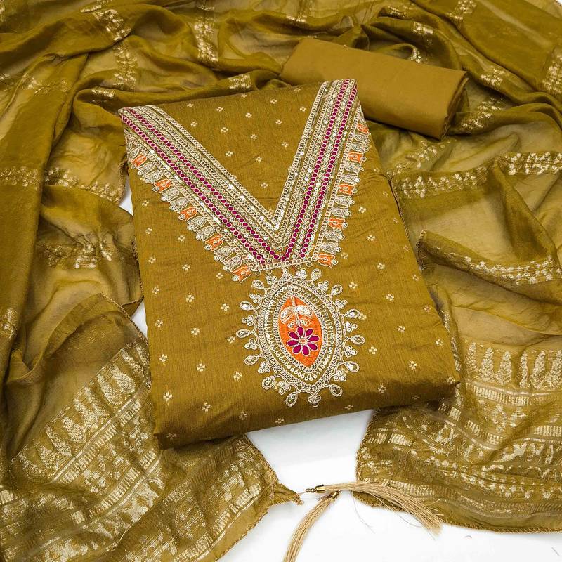 Mustard chanderi embroidered unstitched dressmaterials 3 pair top bottom dupptaa
