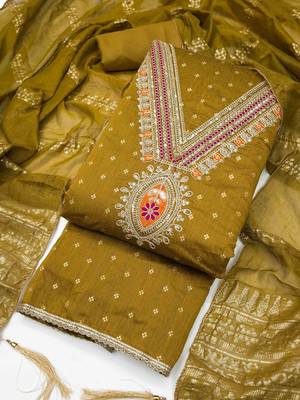 Mustard chanderi embroidered unstitched dressmaterials 3 pair top bottom dupptaa 2
