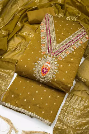 Mustard chanderi embroidered unstitched dressmaterials 3 pair top bottom dupptaa