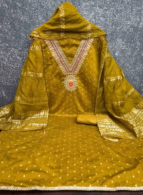 Mustard chanderi embroidered unstitched dressmaterials 3 pair top bottom dupptaa 3