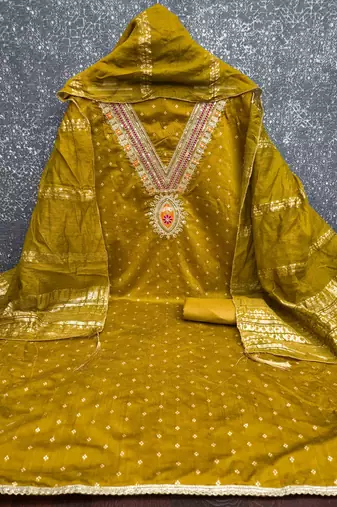Mustard chanderi embroidered unstitched dressmaterials 3 pair top bottom dupptaa