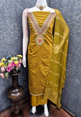Mustard chanderi embroidered unstitched dressmaterials 3 pair top bottom dupptaa 4