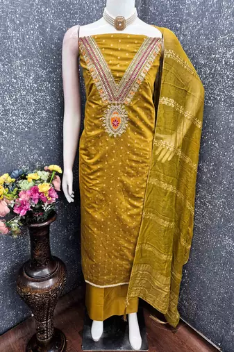 Mustard chanderi embroidered unstitched dressmaterials 3 pair top bottom dupptaa