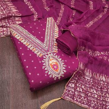 Pink chanderi  embroidered unstitched dressmaterials 3 pair top bottom dupptaa 1