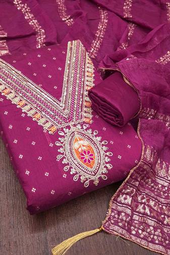 Pink chanderi  embroidered unstitched dressmaterials 3 pair top bottom dupptaa