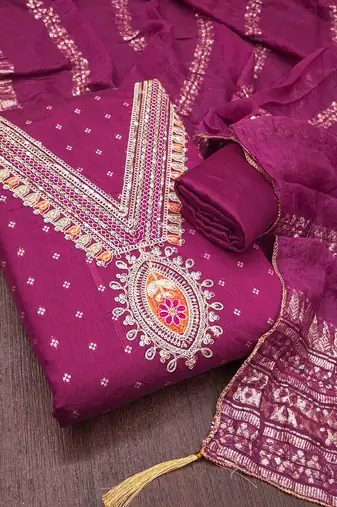 Pink chanderi  embroidered unstitched dressmaterials 3 pair top bottom dupptaa