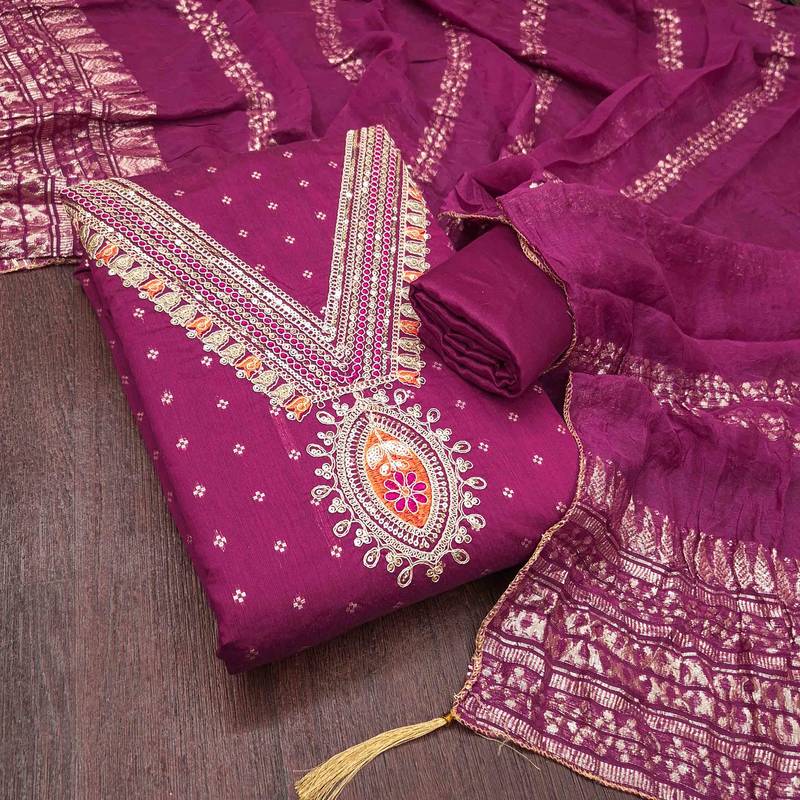 Pink chanderi  embroidered unstitched dressmaterials 3 pair top bottom dupptaa