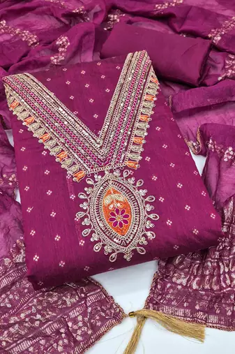 Pink chanderi  embroidered unstitched dressmaterials 3 pair top bottom dupptaa