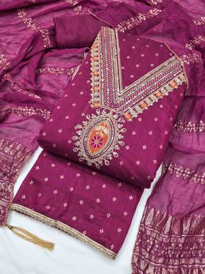 Pink chanderi  embroidered unstitched dressmaterials 3 pair top bottom dupptaa 3