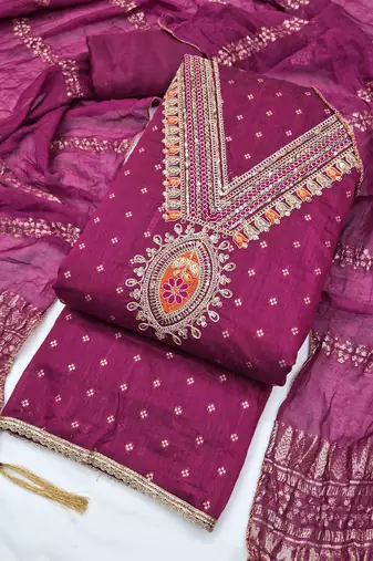 Pink chanderi  embroidered unstitched dressmaterials 3 pair top bottom dupptaa