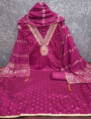 Pink chanderi  embroidered unstitched dressmaterials 3 pair top bottom dupptaa 4