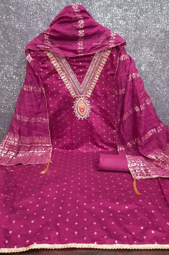 Pink chanderi  embroidered unstitched dressmaterials 3 pair top bottom dupptaa